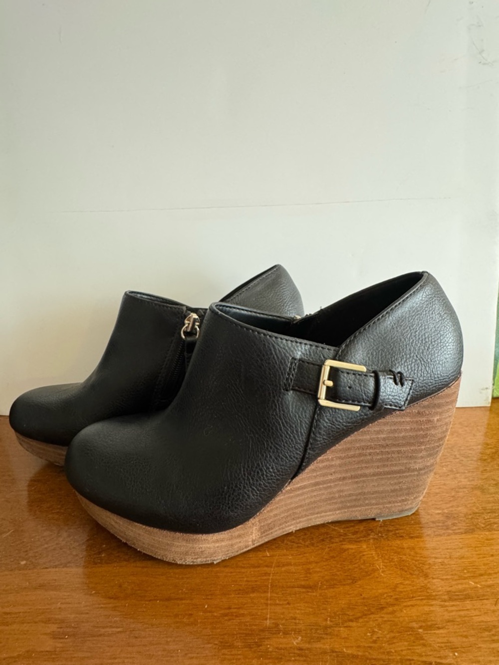 Dr. Scholl's Black Wedge Booties with Gold Buckle